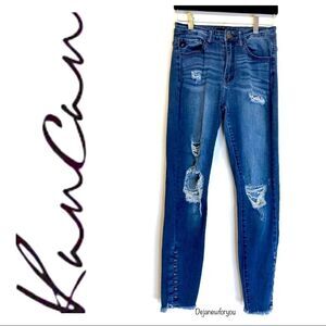KanCan Ripped High Waist Skinny Jeans with Raw Hem and Button Details